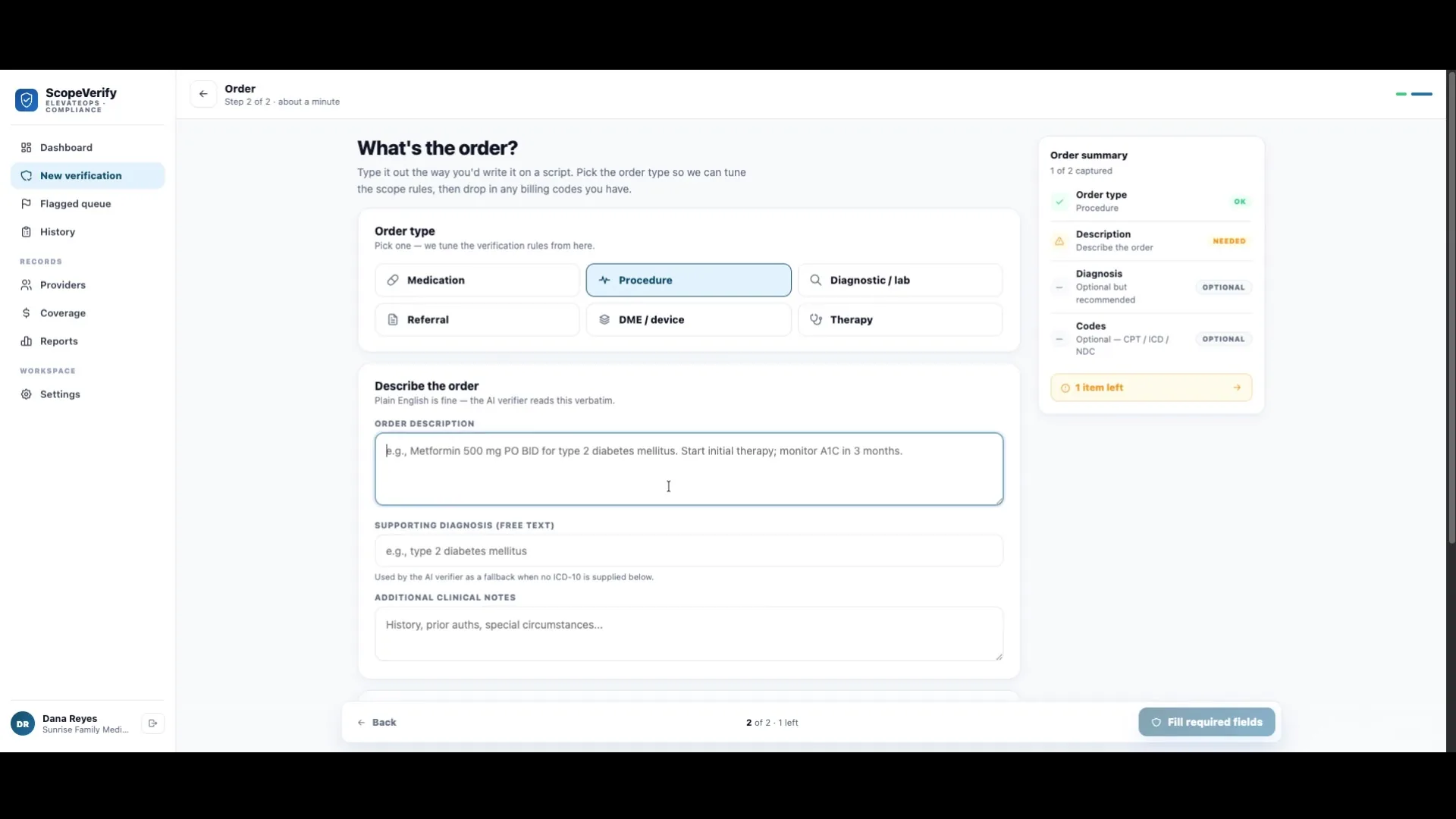 ScopeVerify in light mode — order type picker